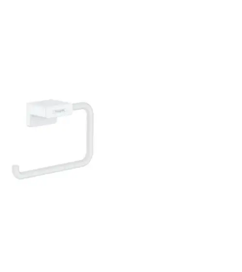 Toilettenpapierhalter in weißer Ausführung, an der Wand montiert, schlichtes Design, Hersteller Hansgrohe.